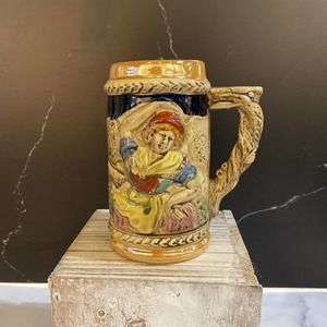 Vintage Brown Glazed 5" Mini Stein Dancing Woman W Apron Made in Japan Marked KW